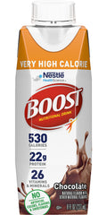BOOST Very High Calorie Chocolate nutrition panel emphasizes calories and protein per serving.