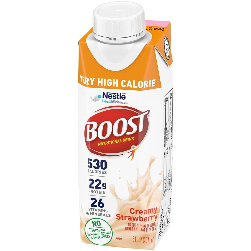 Chilled BOOST Very High Calorie Creamy Strawberry served over ice.