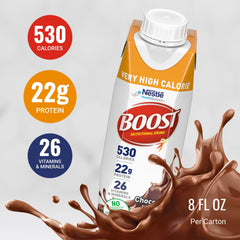 Boost Very High Calorie Chocolate drink in an 8 oz glass with ice.