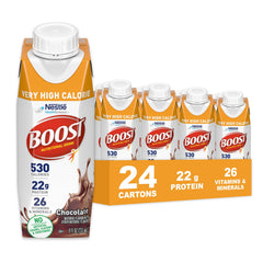 Boost Very High Calorie Chocolate drink bottle on shelf, convenient weight gain support.