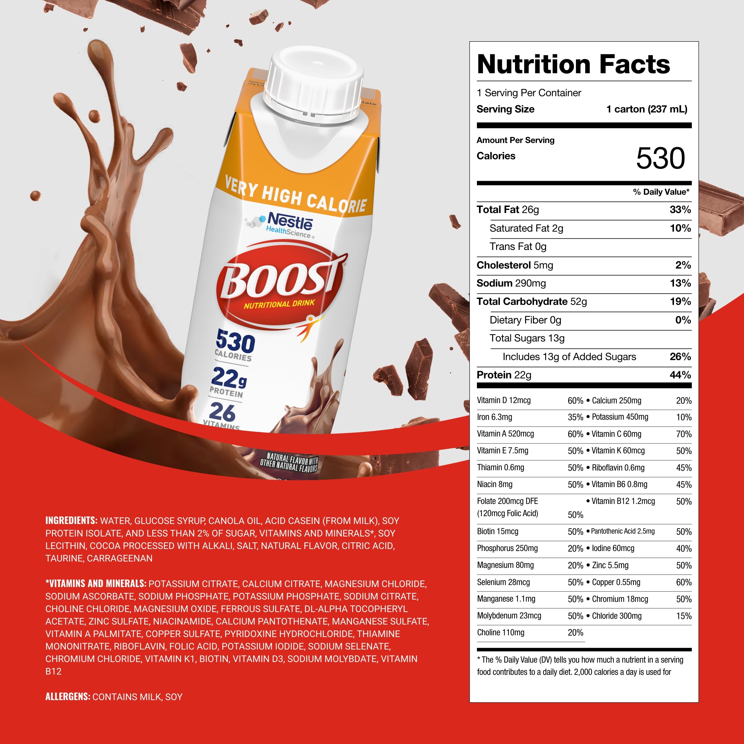 Boost Very High Calorie Chocolate drink poured into a glass for a satisfying snack.