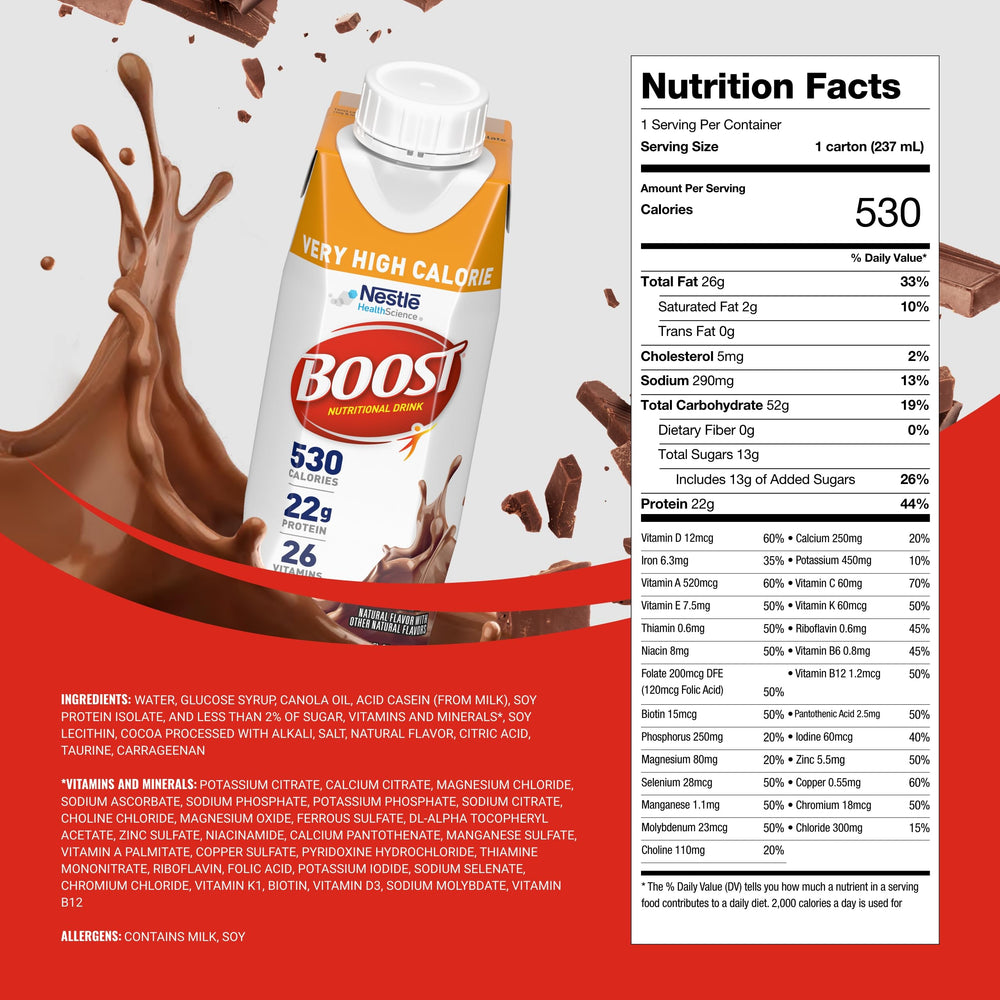 Boost Very High Calorie Chocolate drink poured into a glass for a satisfying snack.