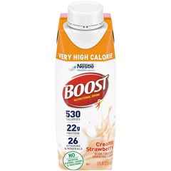 BOOST Very High Calorie nutrition facts label close-up highlighting calories and protein.