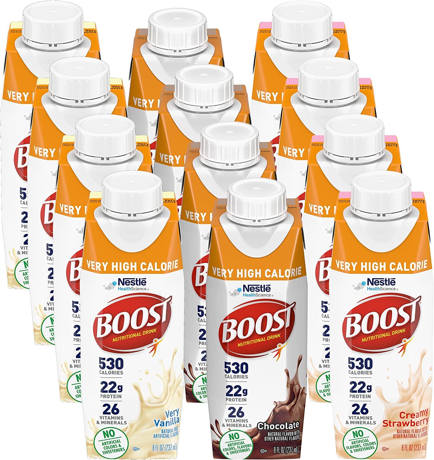 BOOST Very High Calorie Drink vanilla bottle shows 530 calories per serving for energy