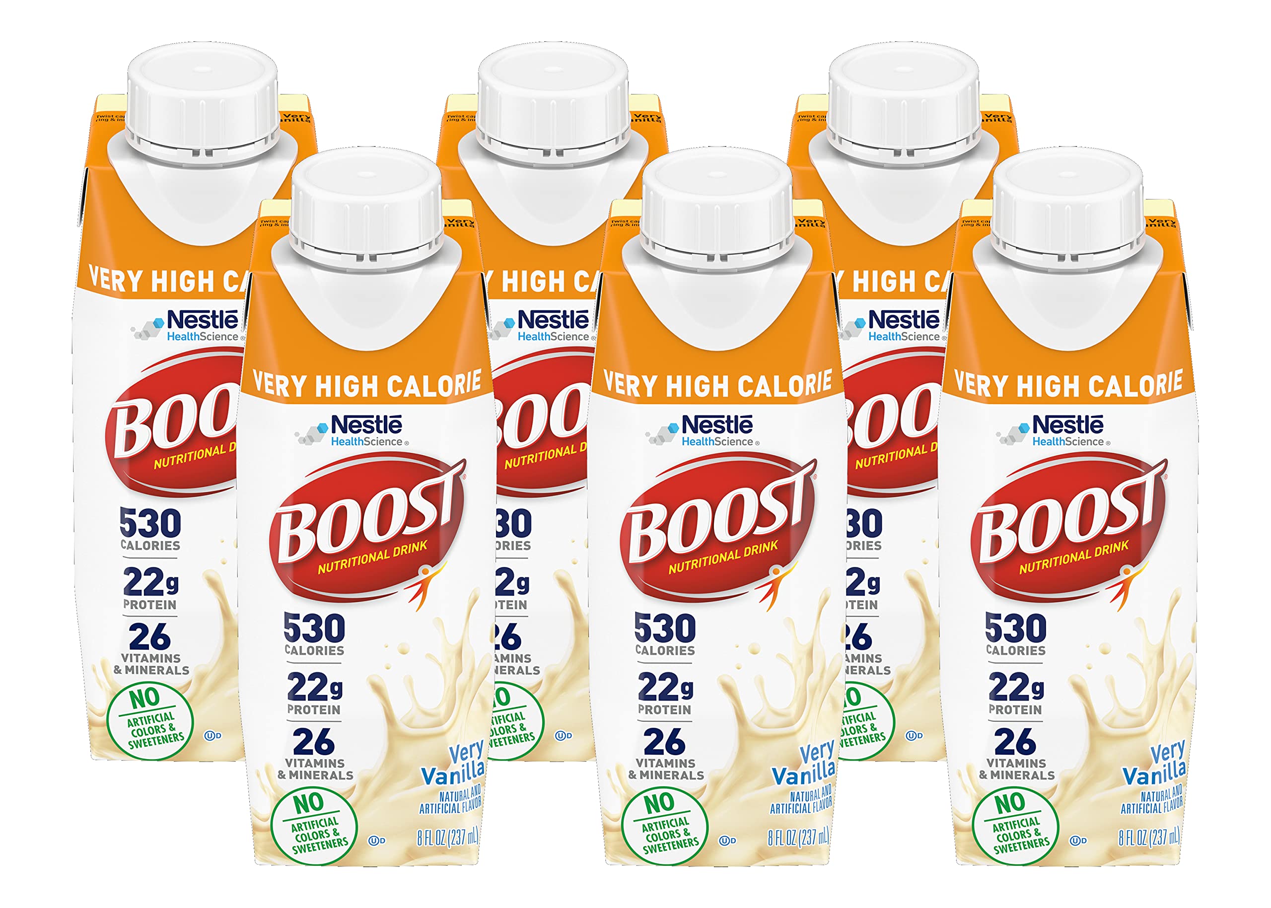 BOOST Very High Calorie Vanilla bottle showing dense nutrition for on-the-go meals