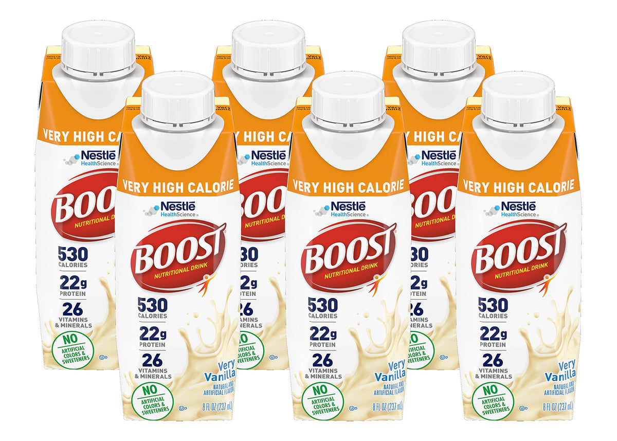 BOOST Very High Calorie Vanilla bottle showing dense nutrition for on-the-go meals