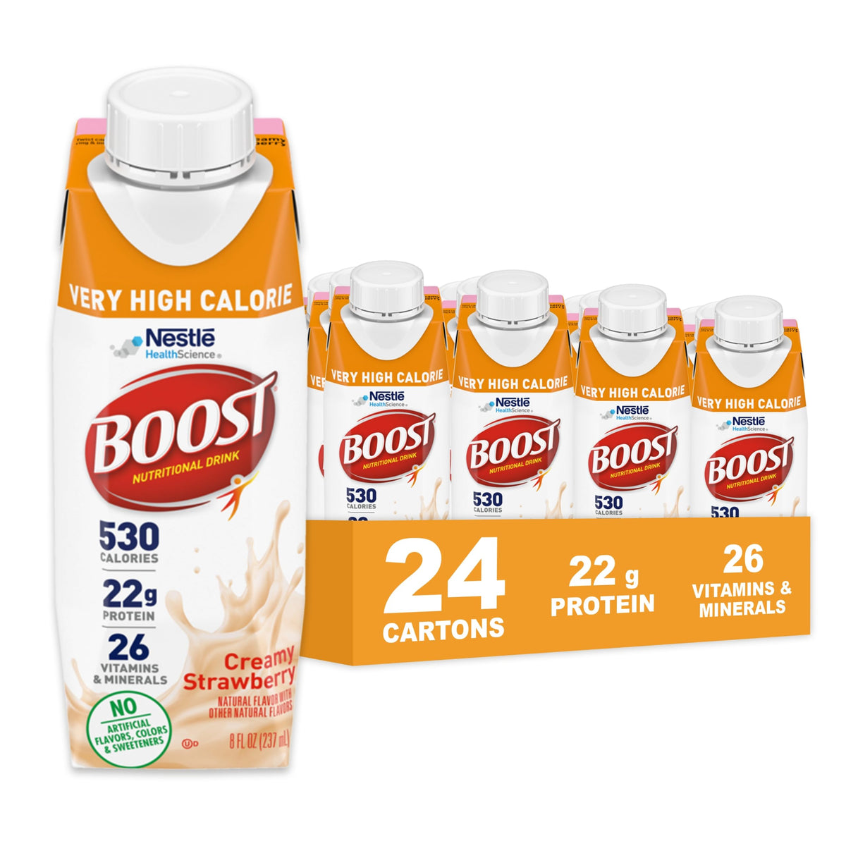 BOOST Very High Calorie Strawberry Drink bottle pour for a quick nutrient boost