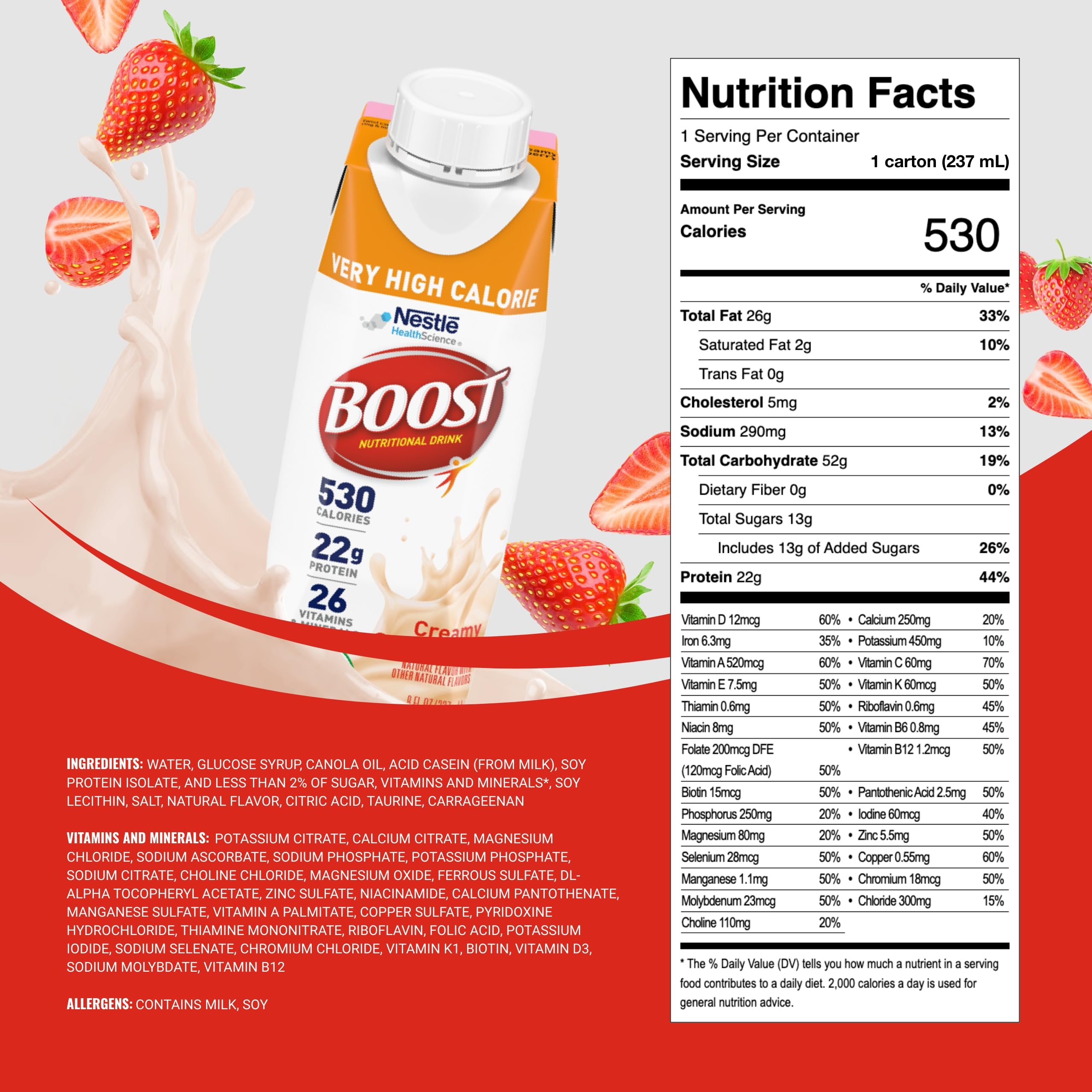 BOOST Very High Calorie Strawberry Drink glass on ice highlighting refreshing taste