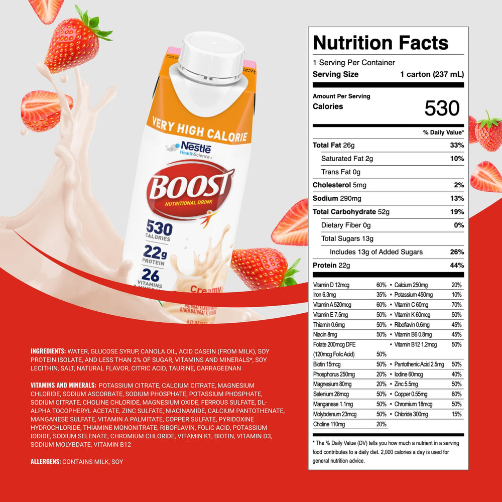 BOOST Very High Calorie Strawberry Drink glass on ice highlighting refreshing taste