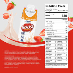 BOOST Very High Calorie Strawberry Drink glass on ice highlighting refreshing taste
