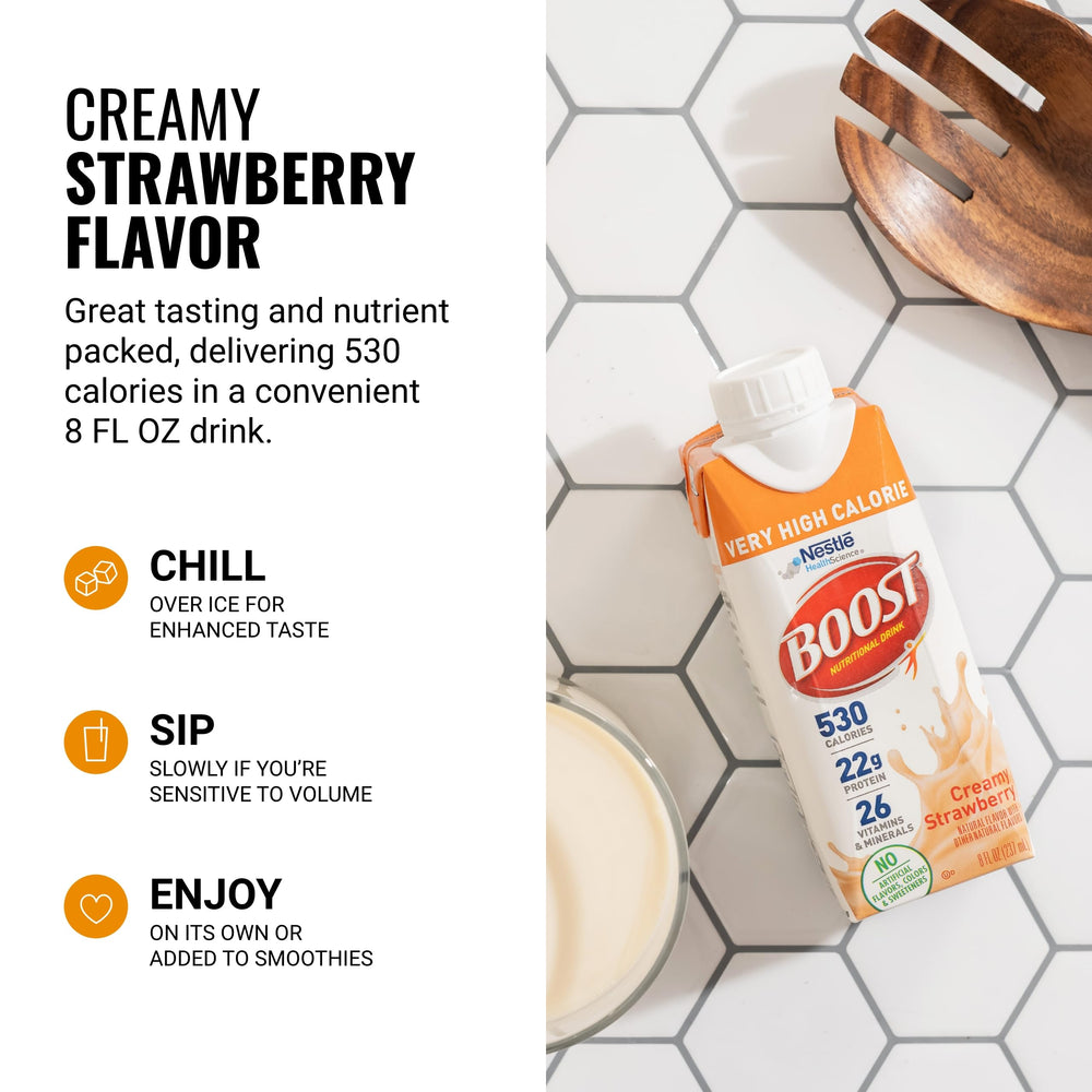BOOST Very High Calorie Strawberry Drink served with breakfast for a balanced start