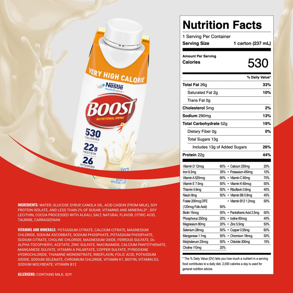 BOOST Vanilla 24-pack display highlighting calorie-dense nutrition for daily energy