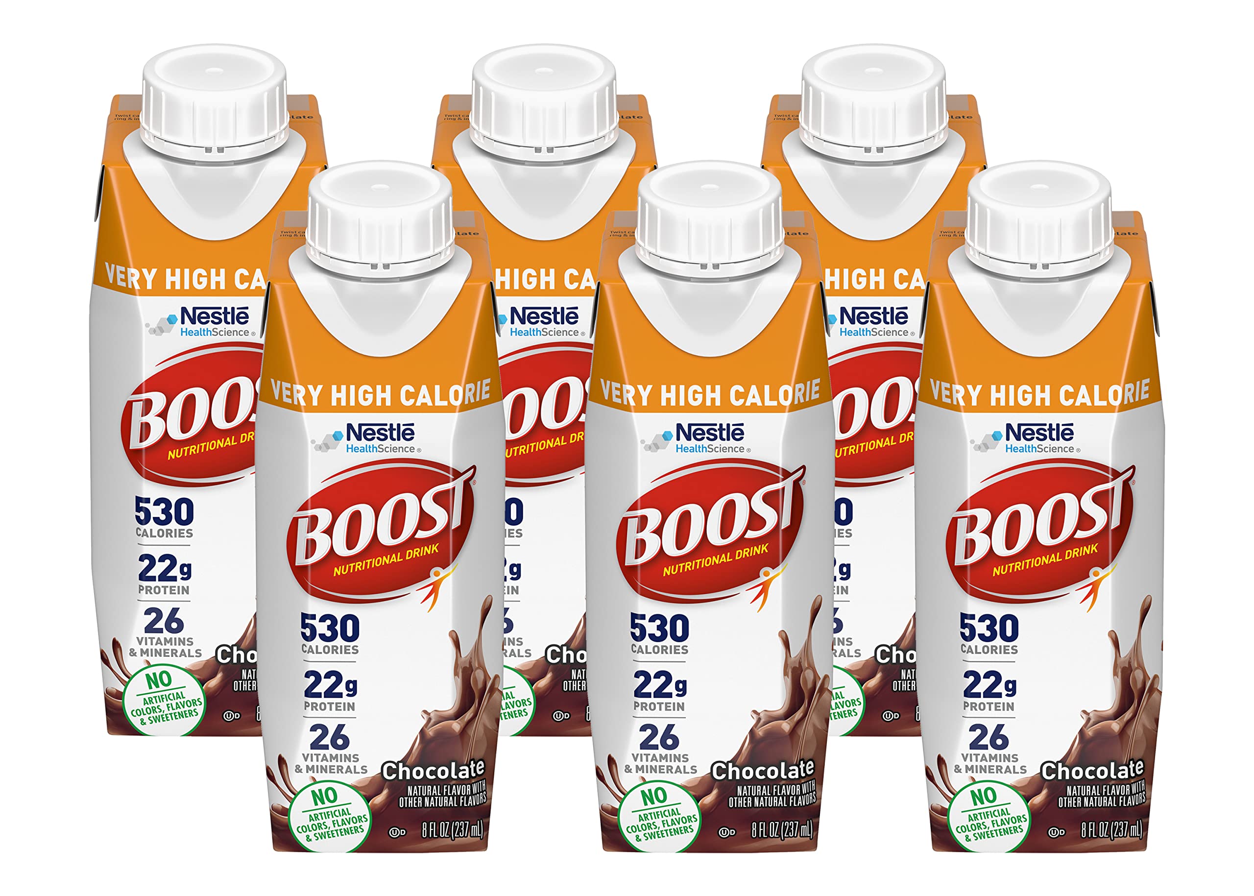 Boost VHC vanilla bottle closeup shows creamy flavor and high-calorie nutrition for energy on the go.