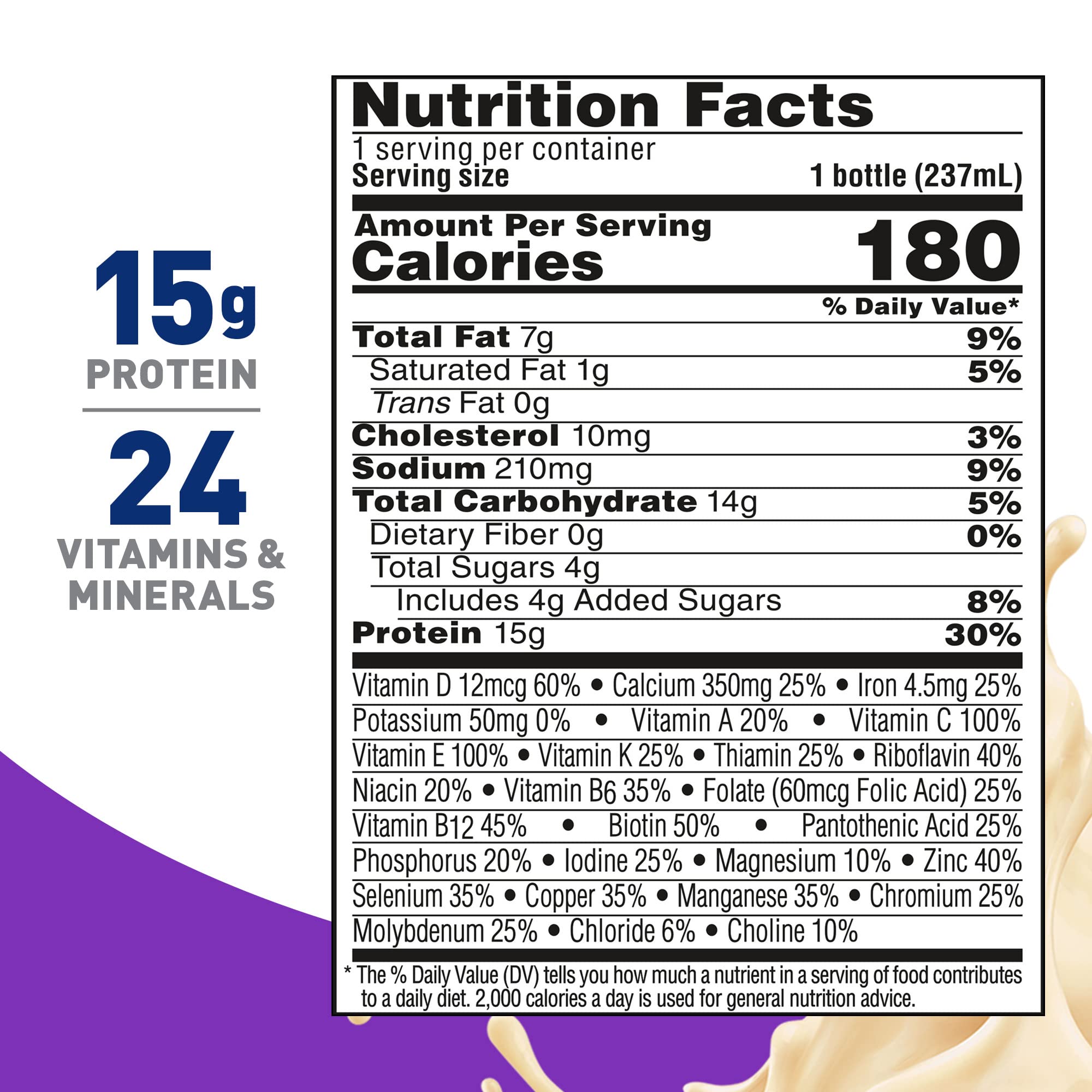 BOOST Vanilla 8 oz bottle nutrition facts highlighting protein, vitamins, and minerals