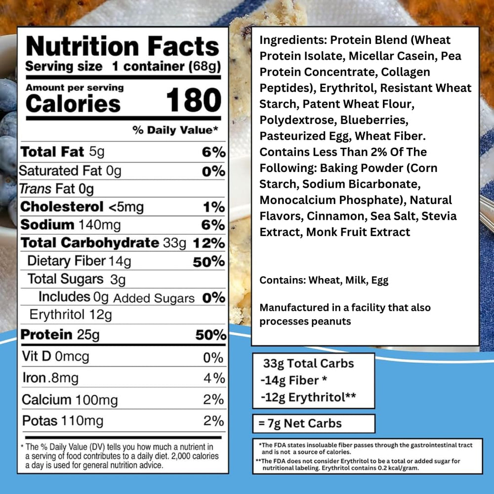 Bootylicious Blueberry Muffin nutrition panel highlights 25g protein per muffin