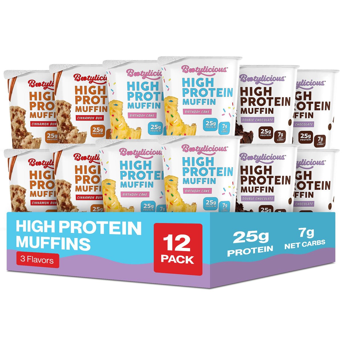 Bootylicious double chocolate muffin pack for quick high-protein meals.