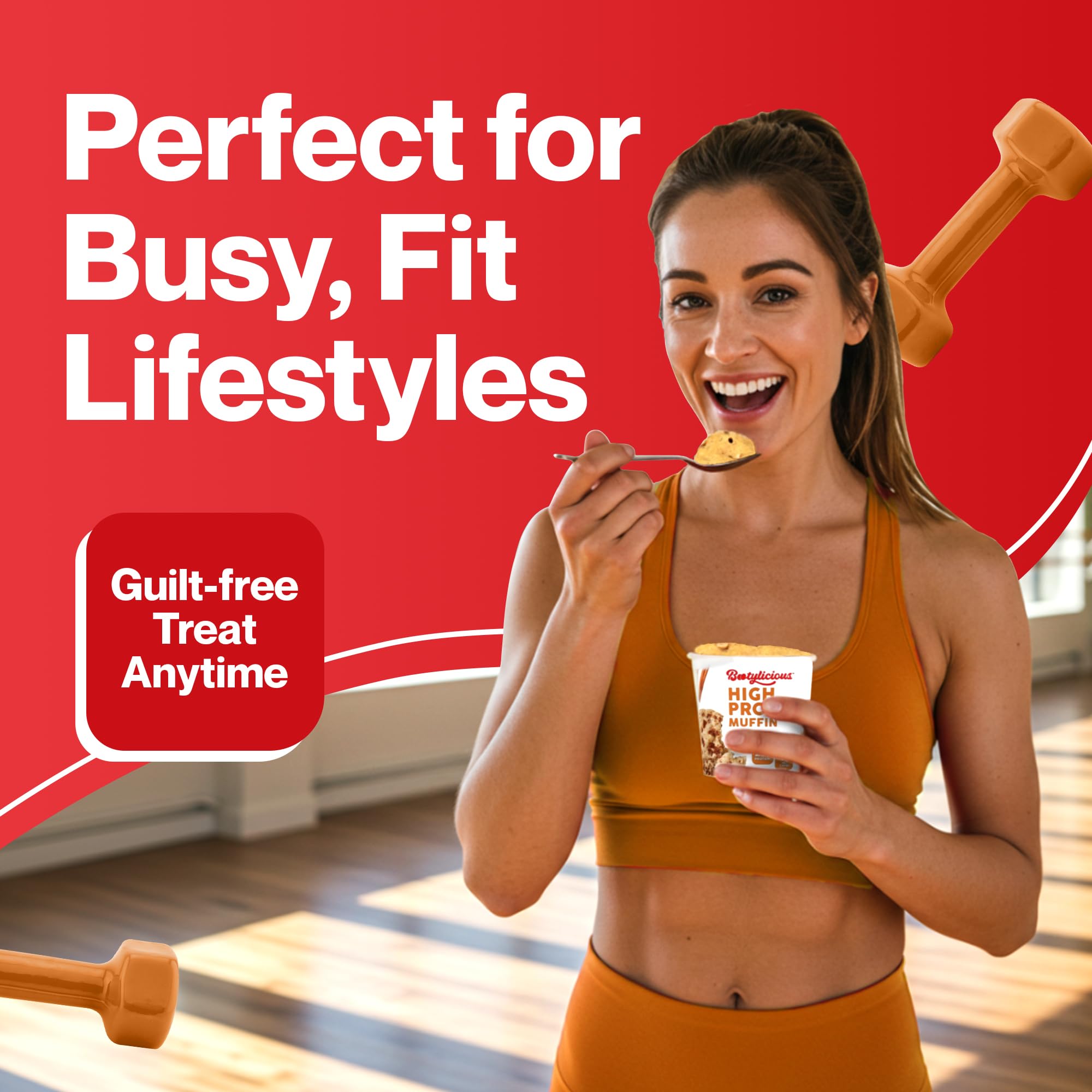 Bootylicious muffin in microwave-ready cup showing easy 1-minute prep.