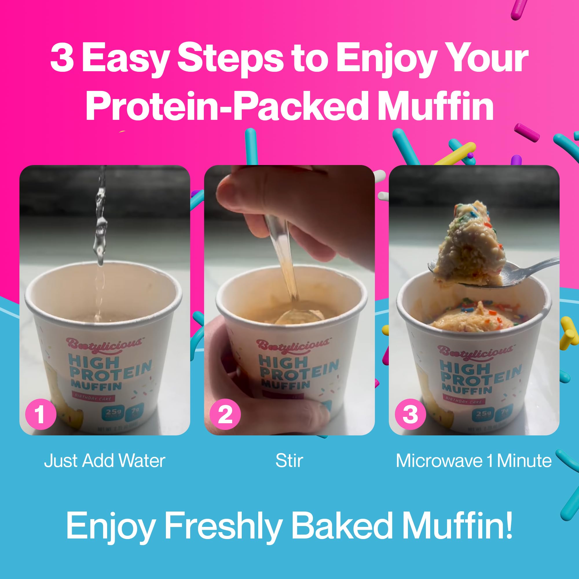 Bootylicious muffin ingredient blend close-up highlighting the 5-ingredient protein mix.