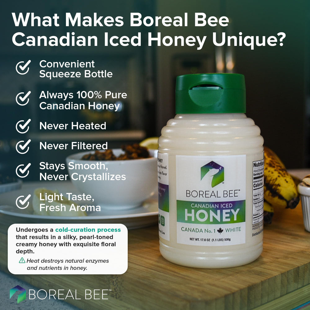 BOREAL BEE cold-bottled honey – enzymes and minerals preserved.