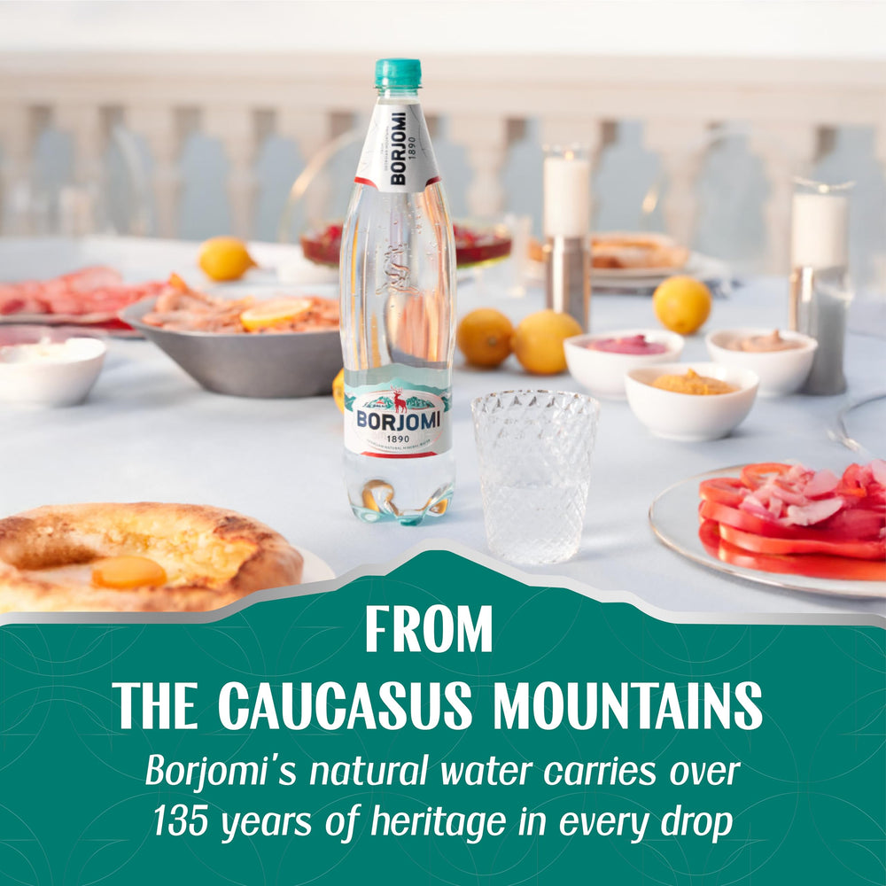 BORJOMI 750ml-bottle-on-table suggests premium hydration at home or work