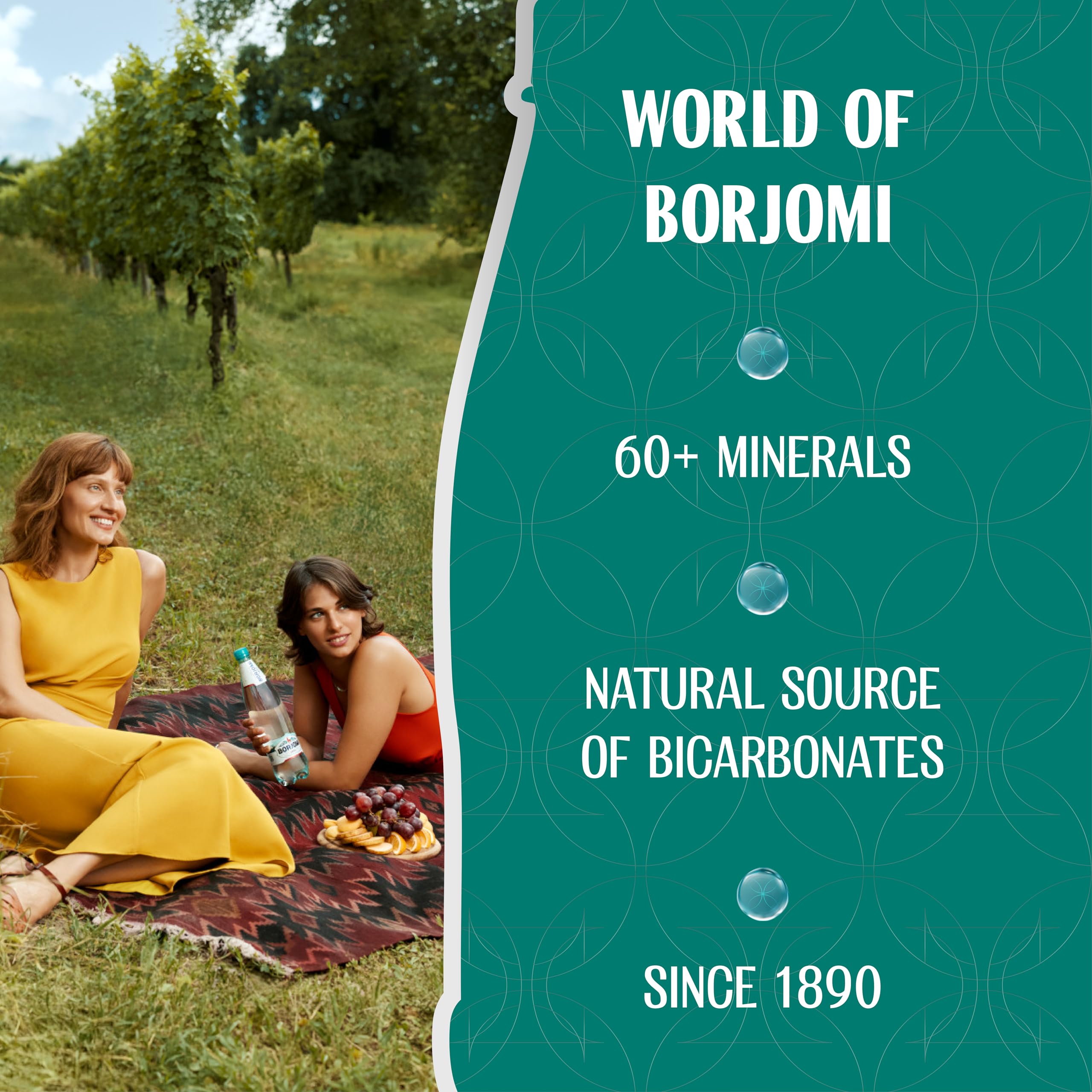 BORJOMI Georgian spring origin label emphasizes natural mineral source