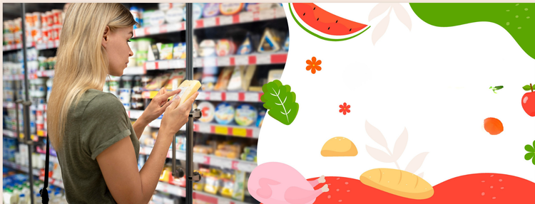 Woman shopping in a grocery store with a colorful t-shirt featuring food illustrations in the foreground.