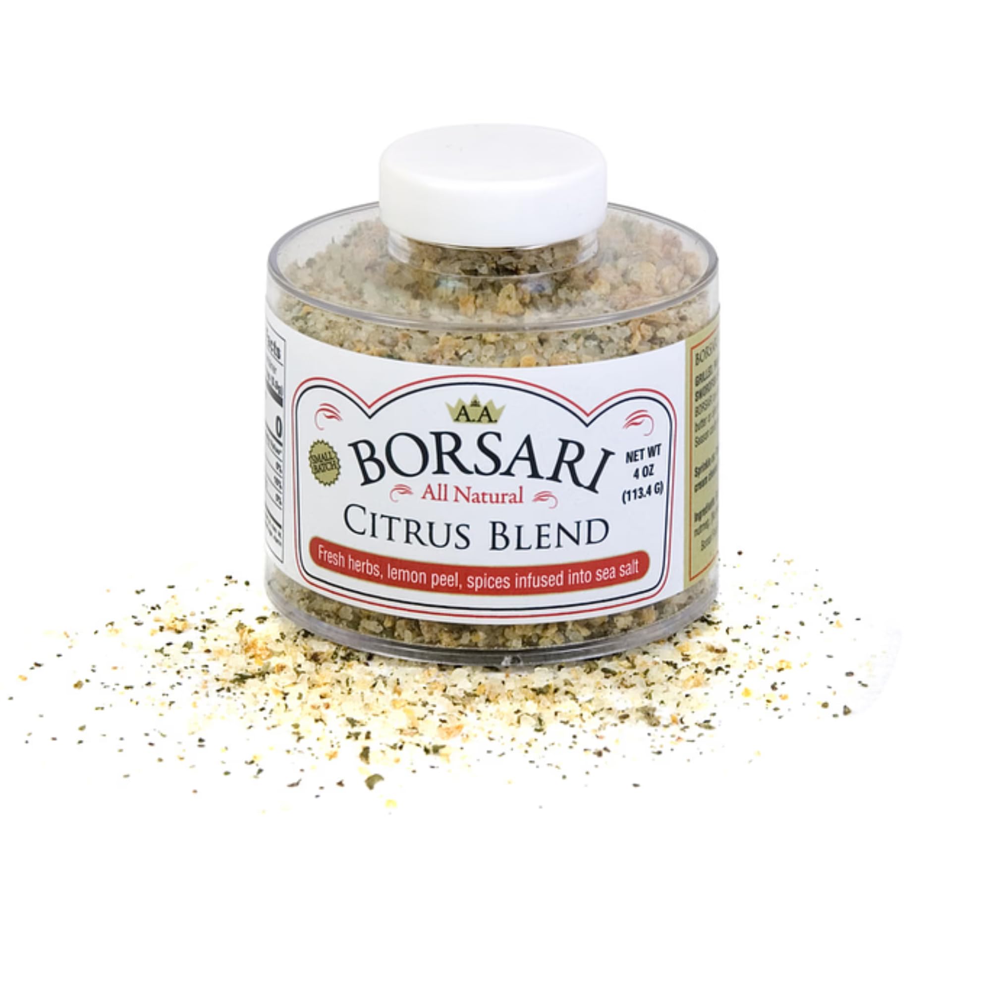 Borsari Citrus Salt seasoning bottle on counter for bright lemon flavor