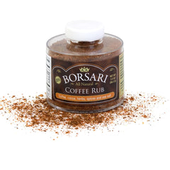 Borsari Coffee Rub bottle closeup highlights rich aroma for grilling.