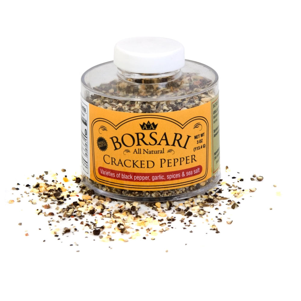 Borsari Cracked Pepper bottle highlights fresh flavor for steaks and roasts.