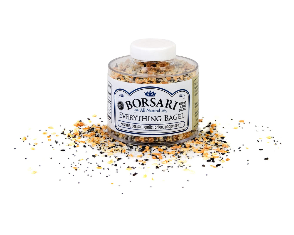 Borsari Everything Bagel Seasoning jar boosts flavor on bagels, chicken, and salads.
