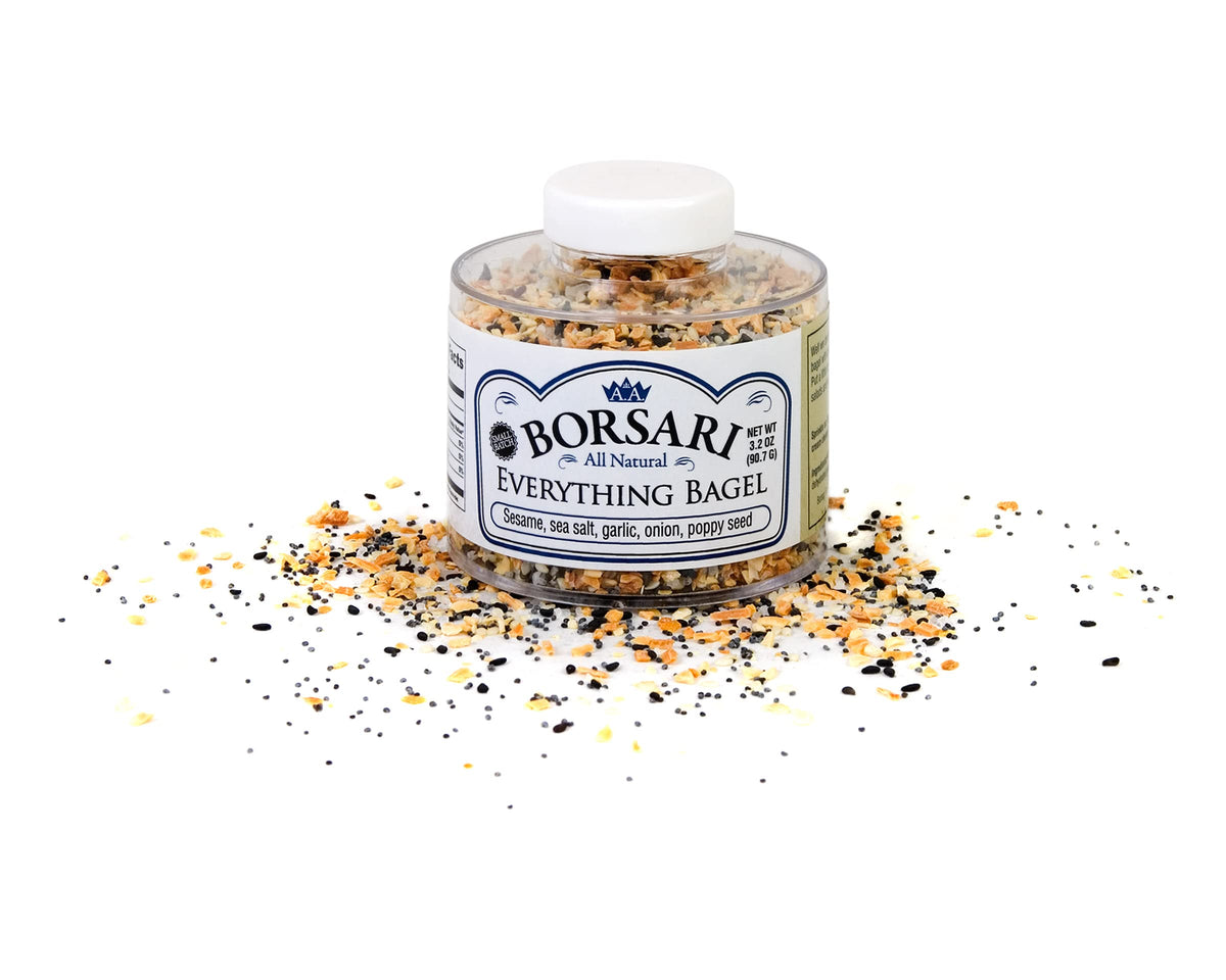 Borsari Everything Bagel Seasoning jar boosts flavor on bagels, chicken, and salads.