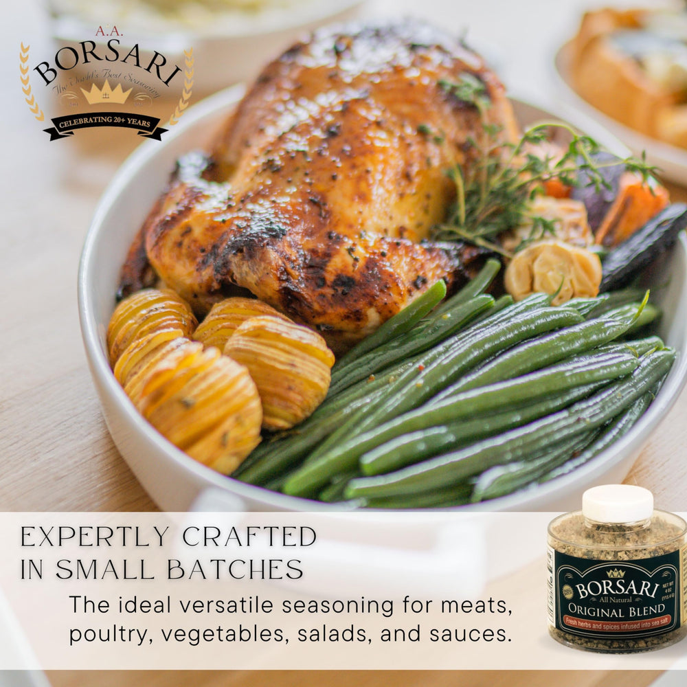Borsari Original Seasoning jar close-up reveals small-batch, herb-forward blend.