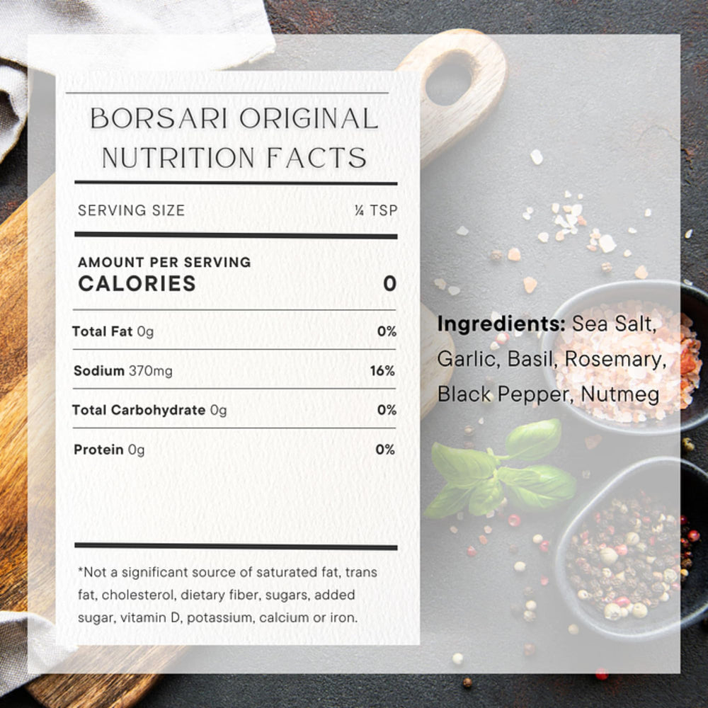 Garlic, pepper, and nutmeg notes in Borsari Original Seasoning Salt.