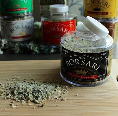 Product label of Borsari Original Seasoning Salt showing all-natural blend