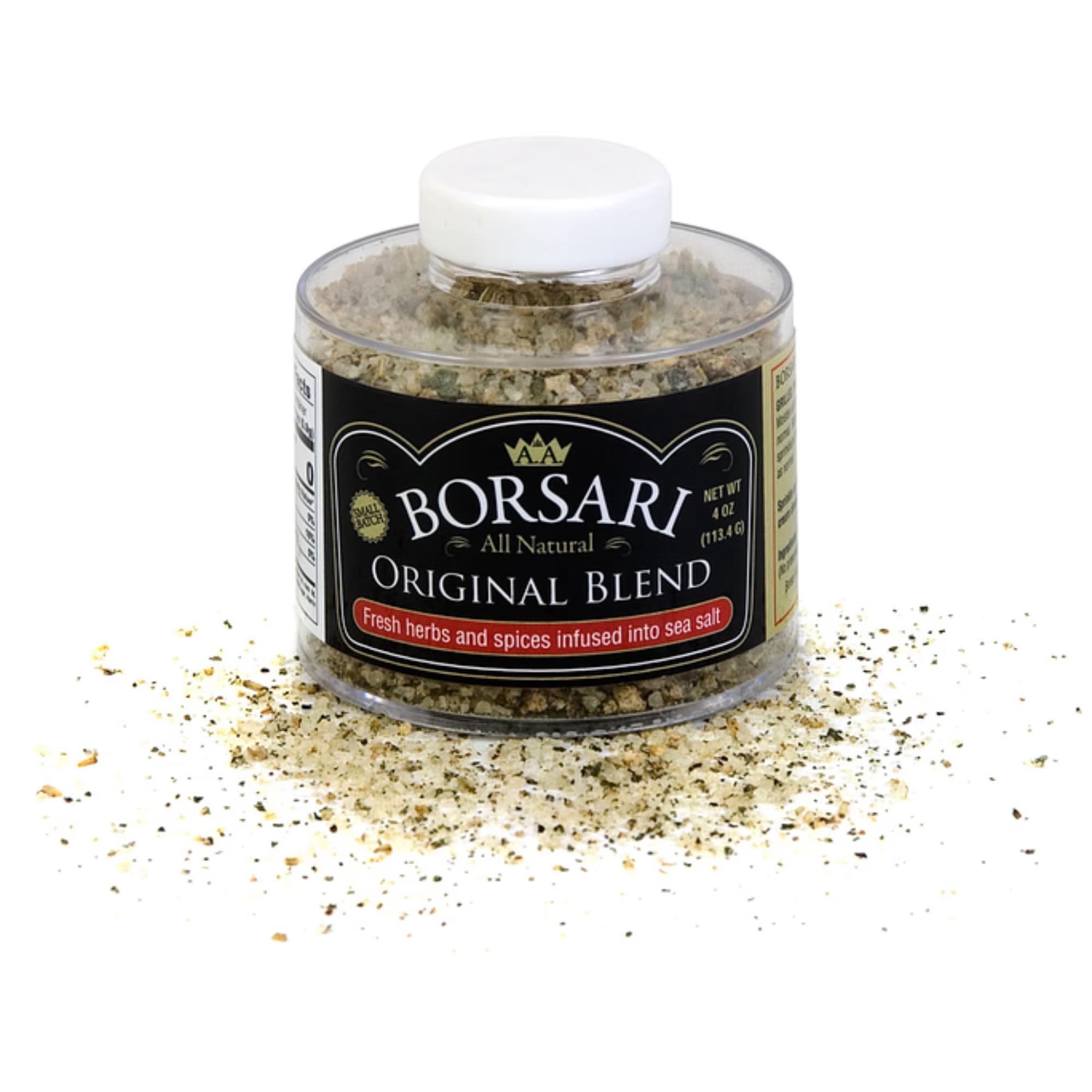 Borsari Original Seasoning Salt packaging highlights a gluten-free, all-natural blend.