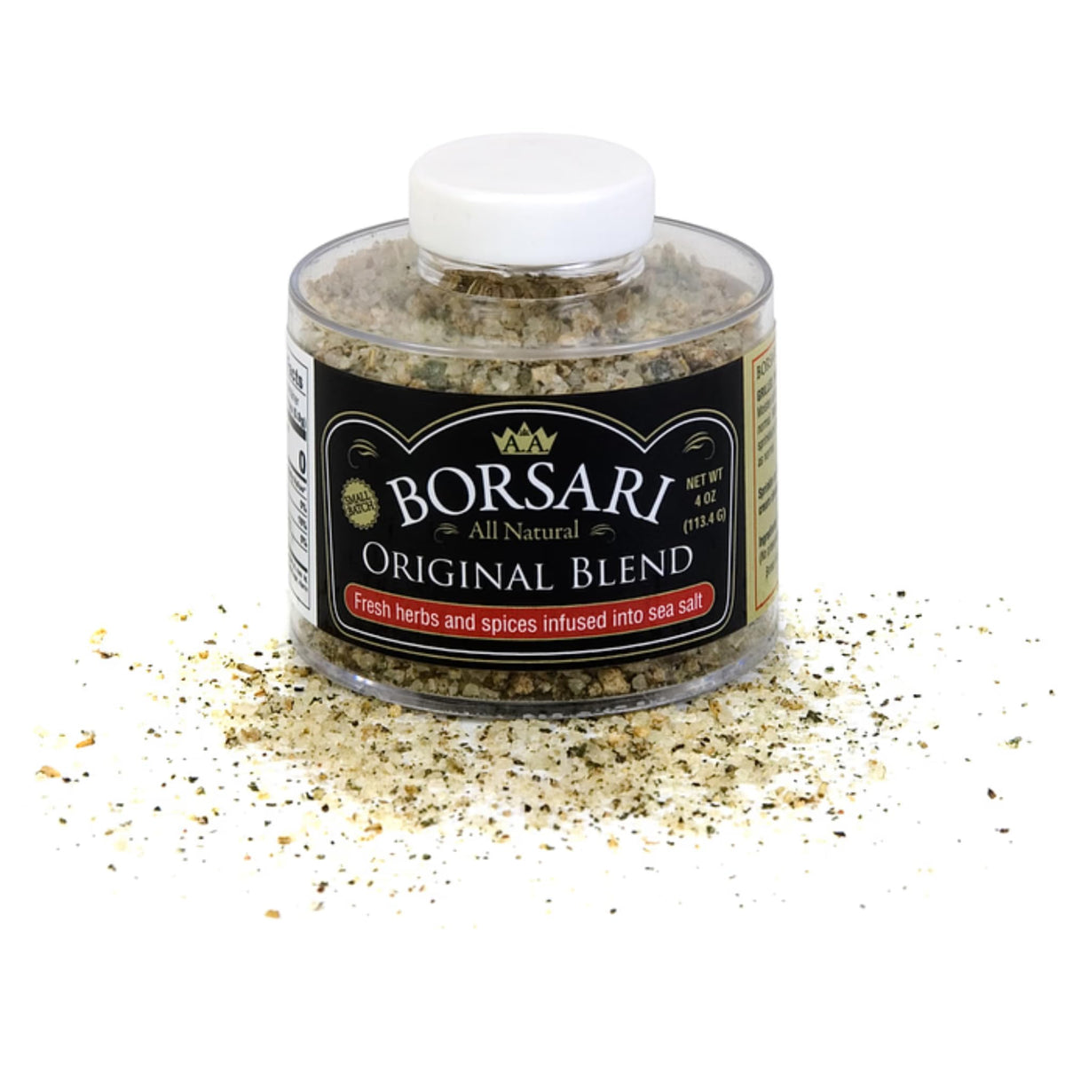 Borsari Original Seasoning Salt packaging highlights a gluten-free, all-natural blend.