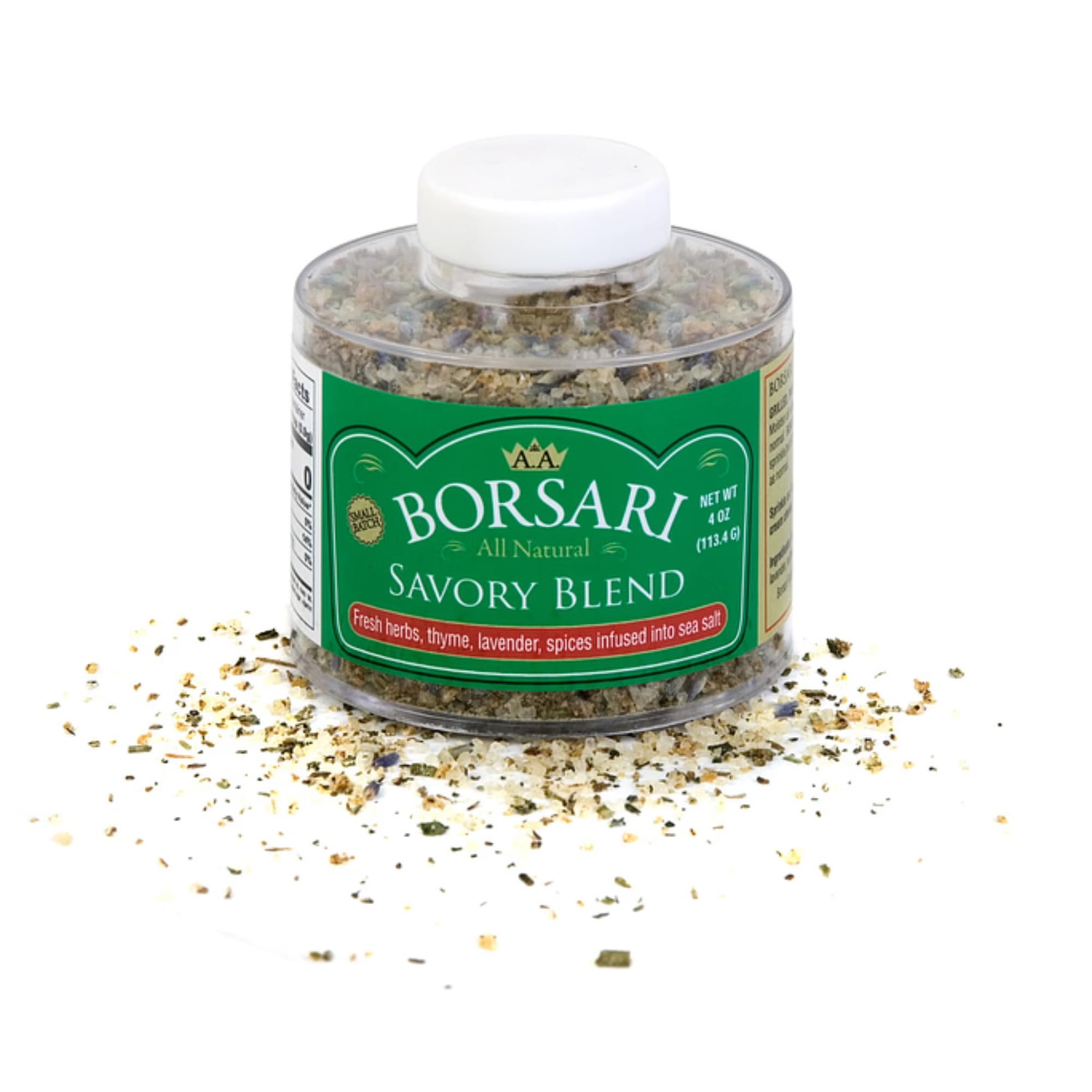 Borsari Savory Seasoned Salt Blend bottle ready to season with thyme and lavender for everyday meals.