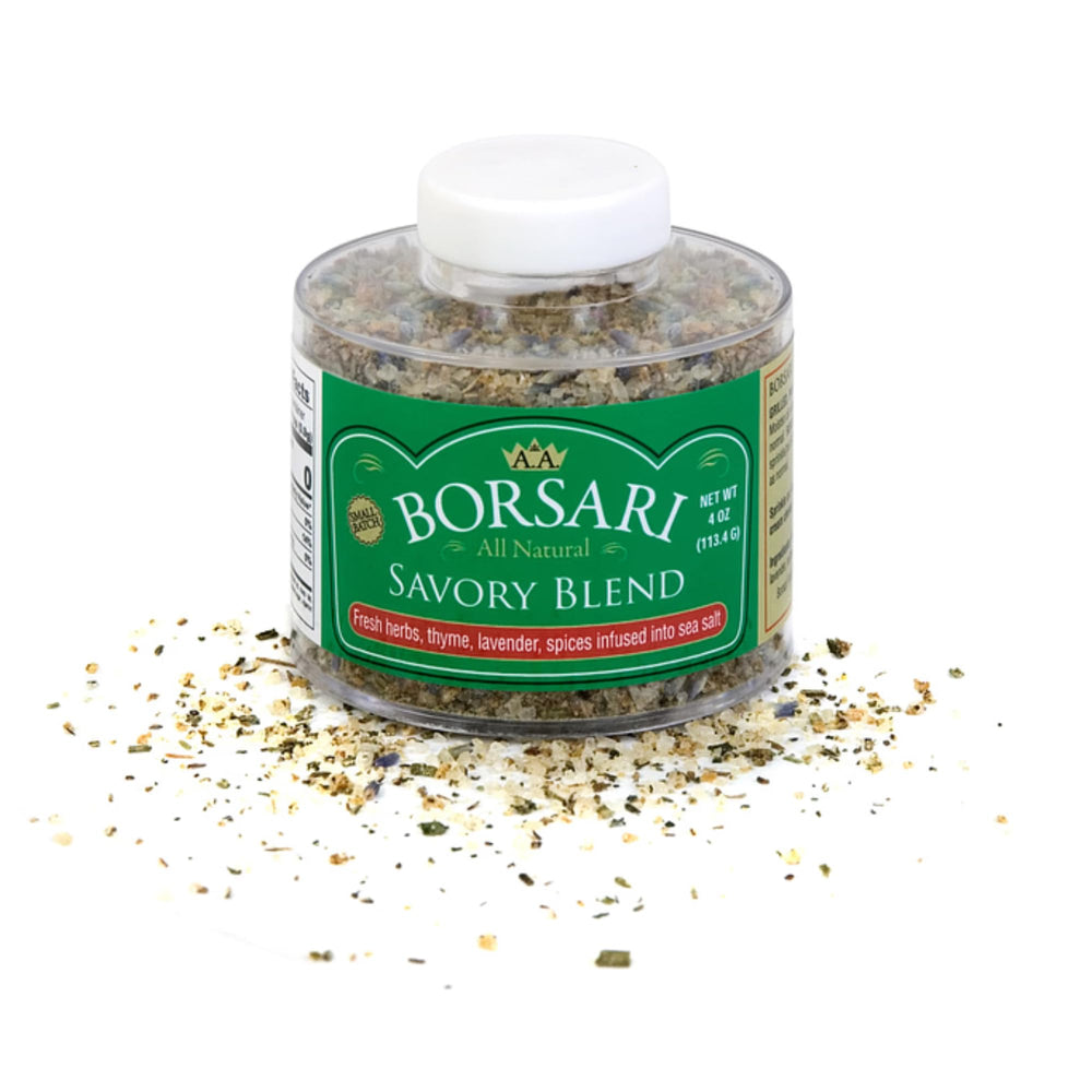 Borsari Savory Seasoned Salt Blend bottle ready to season with thyme and lavender for everyday meals.