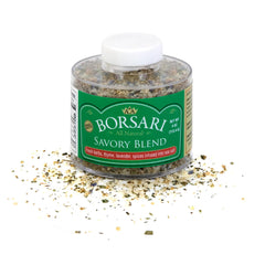 Borsari Savory Seasoned Salt Blend bottle ready to season with thyme and lavender for everyday meals.