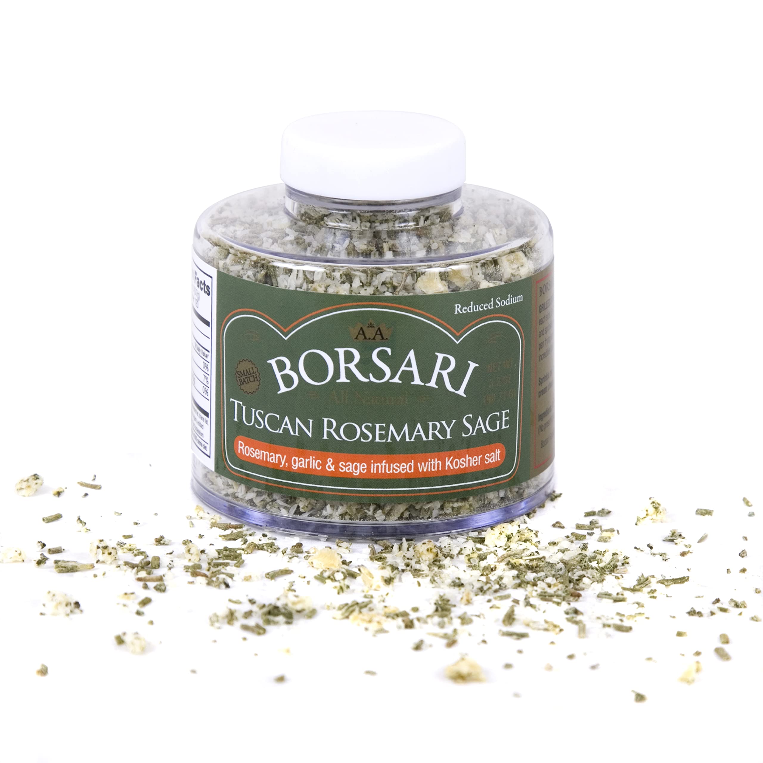 Borsari Tuscan Rosemary Sage bottle with pour spout ready for seasoning meals.