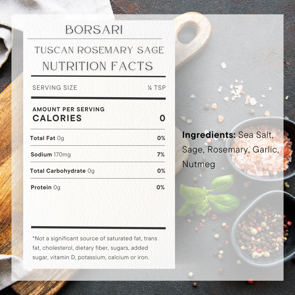 Borsari Tuscan Rosemary Sage shaker top for easy, even flavor distribution.