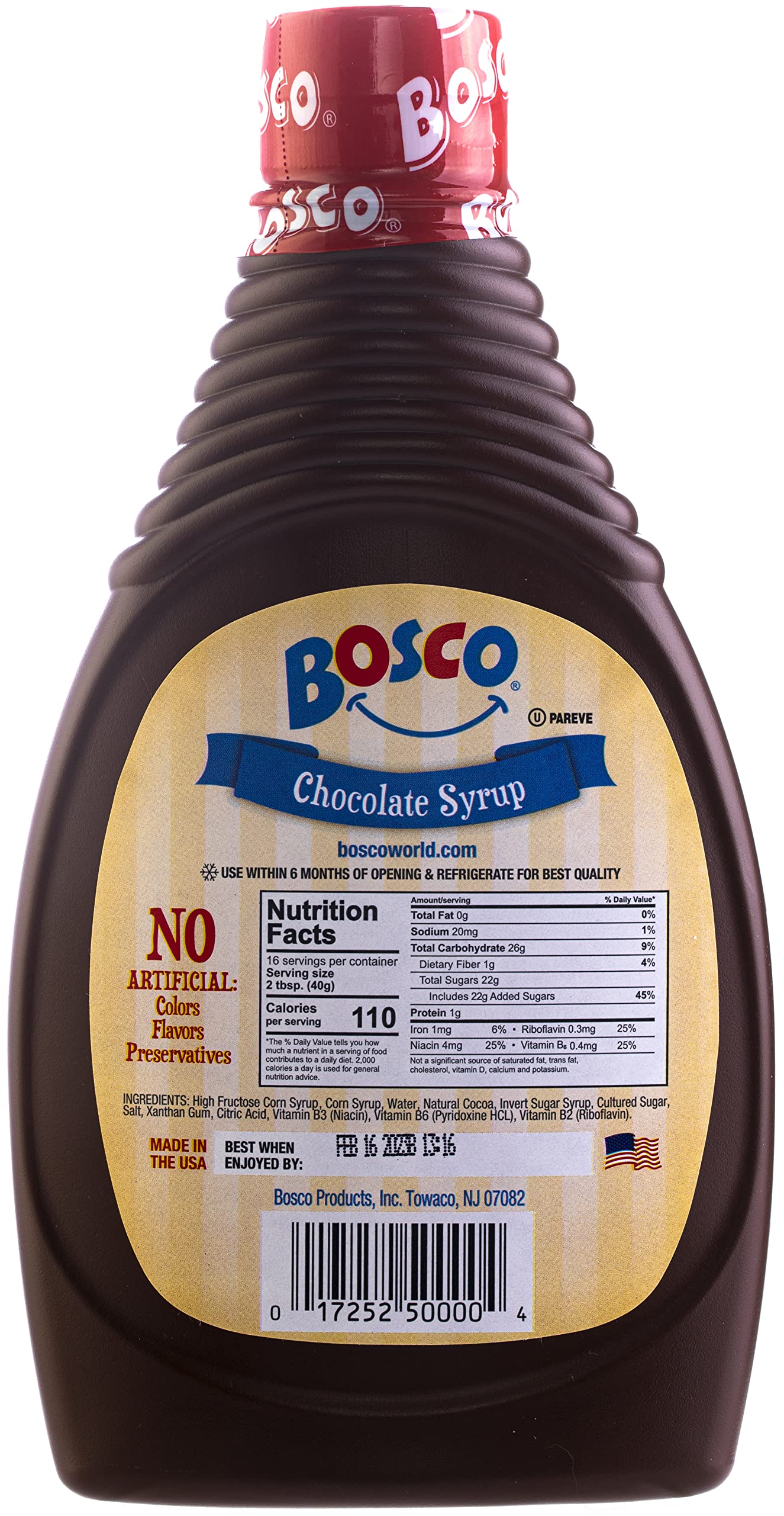 Bosco chocolate syrup bottle pouring, illustrating convenient topping for drinks and desserts.
