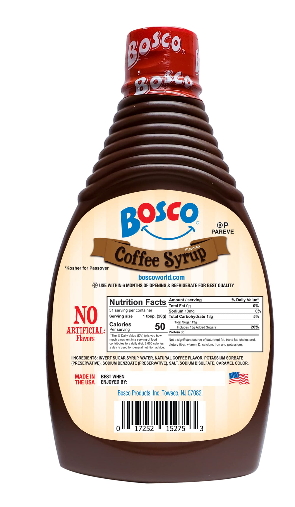 Bosco Coffee Syrup bottle closeup highlighting fat-free, kosher, gluten-free dessert topping.