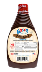 Bosco Coffee Syrup bottle closeup highlighting fat-free, kosher, gluten-free dessert topping.