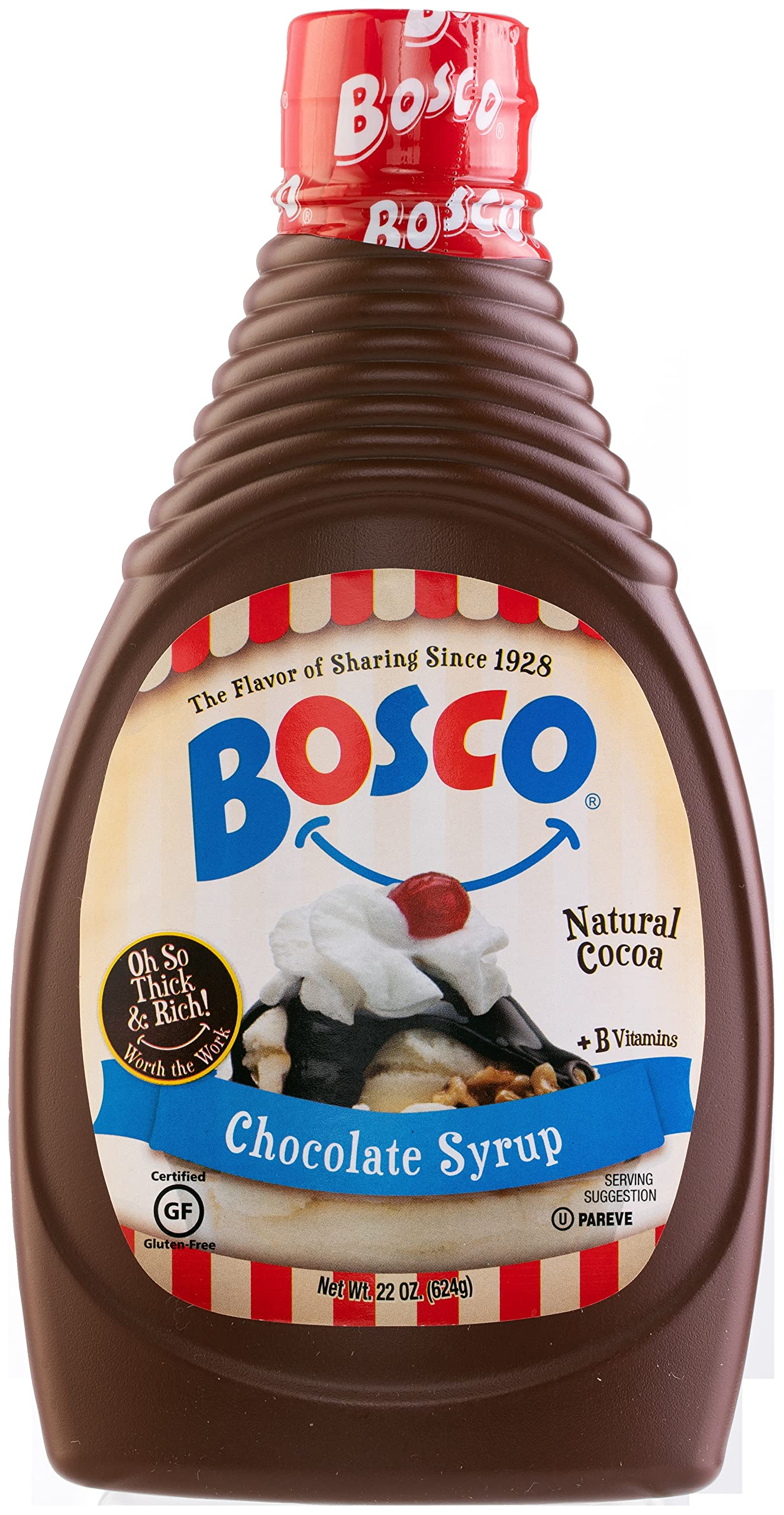 Bosco Original Chocolate Syrup bottle showcases rich cocoa flavor for milk and desserts.