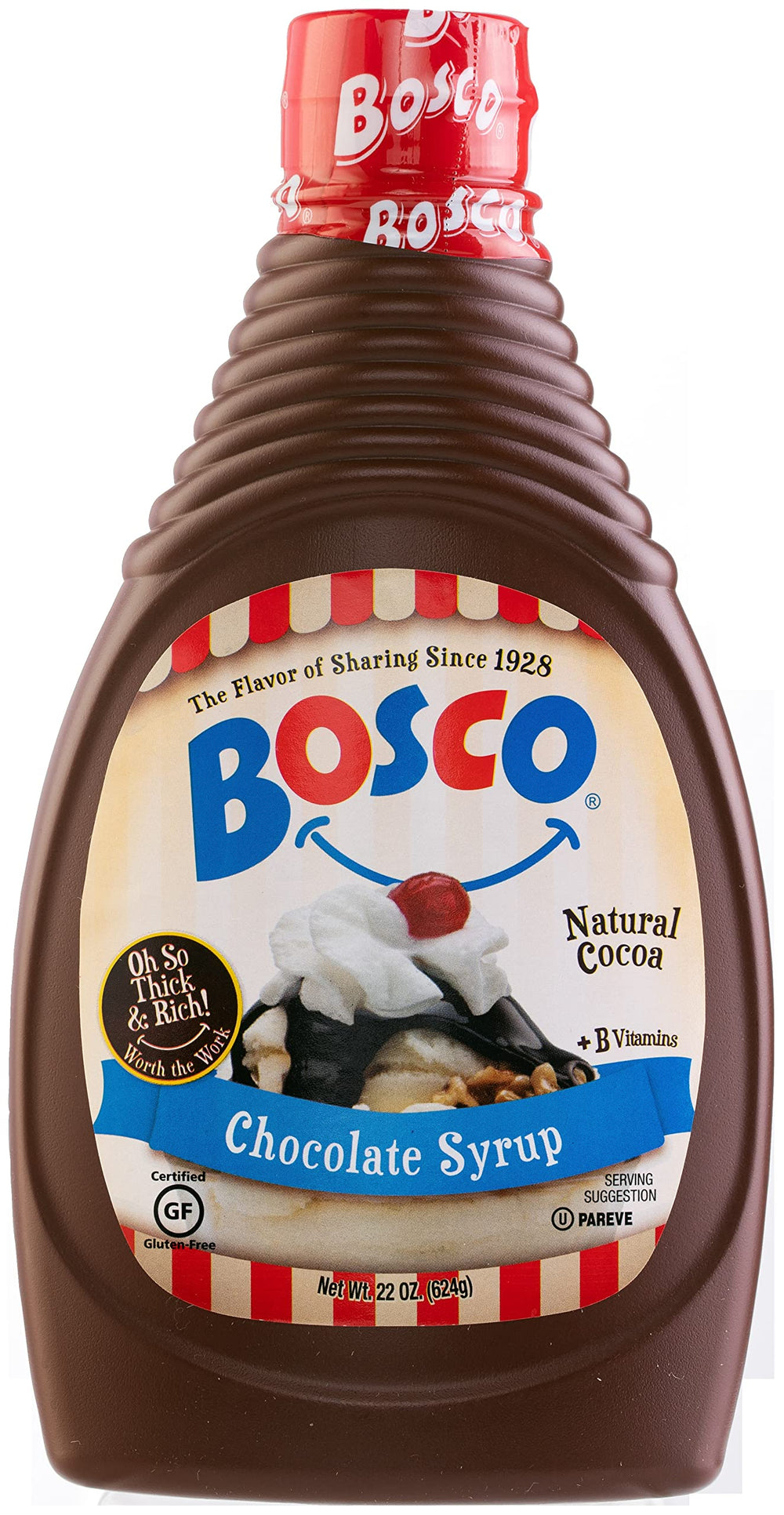 Bosco Original Chocolate Syrup bottle showcases rich cocoa flavor for milk and desserts.