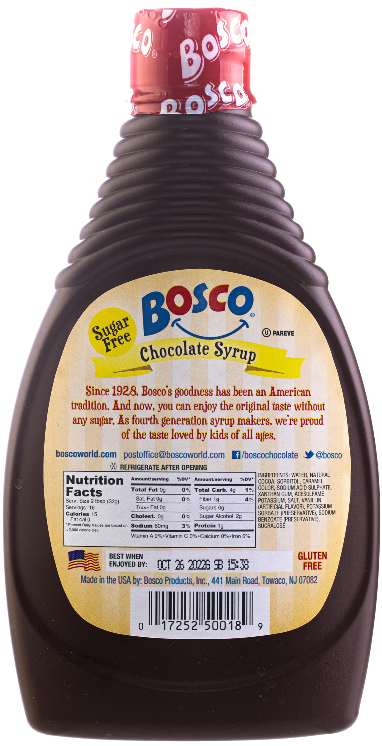 Bosco Sugar Free Chocolate Syrup close-up shows smooth cocoa ideal for topping drinks.