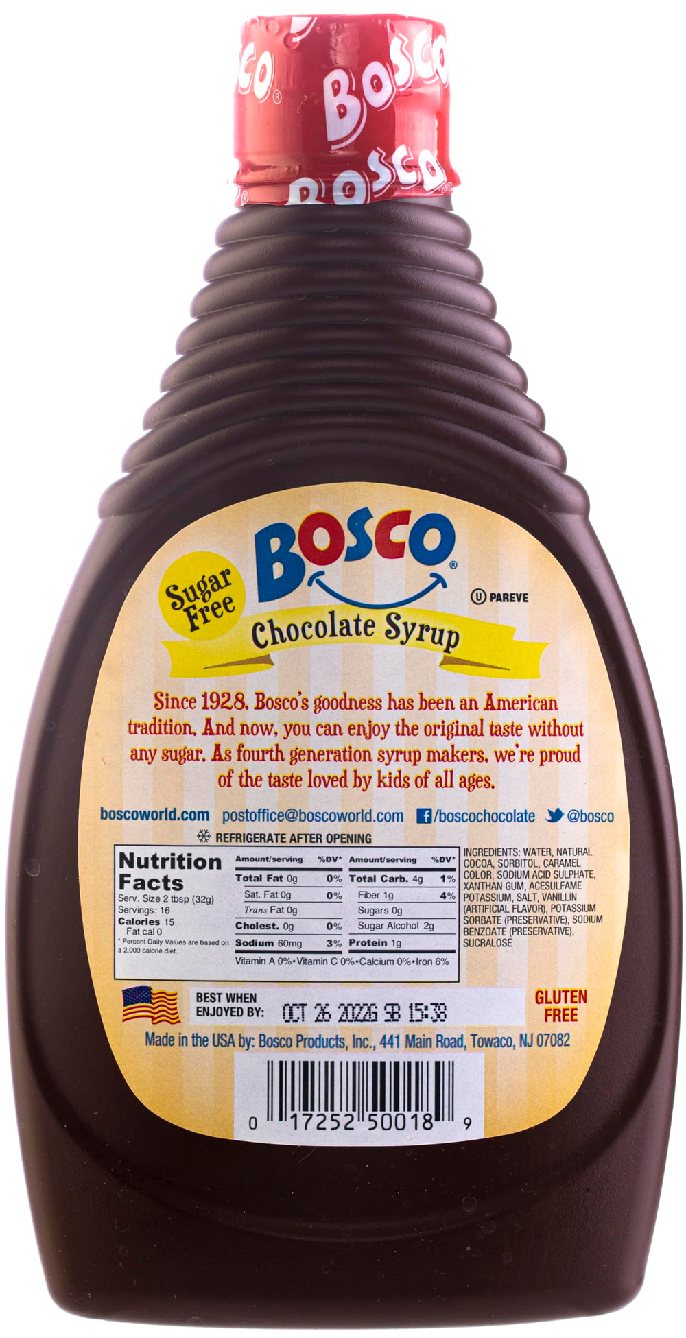 Bosco Sugar Free Chocolate Syrup close-up shows smooth cocoa ideal for topping drinks.