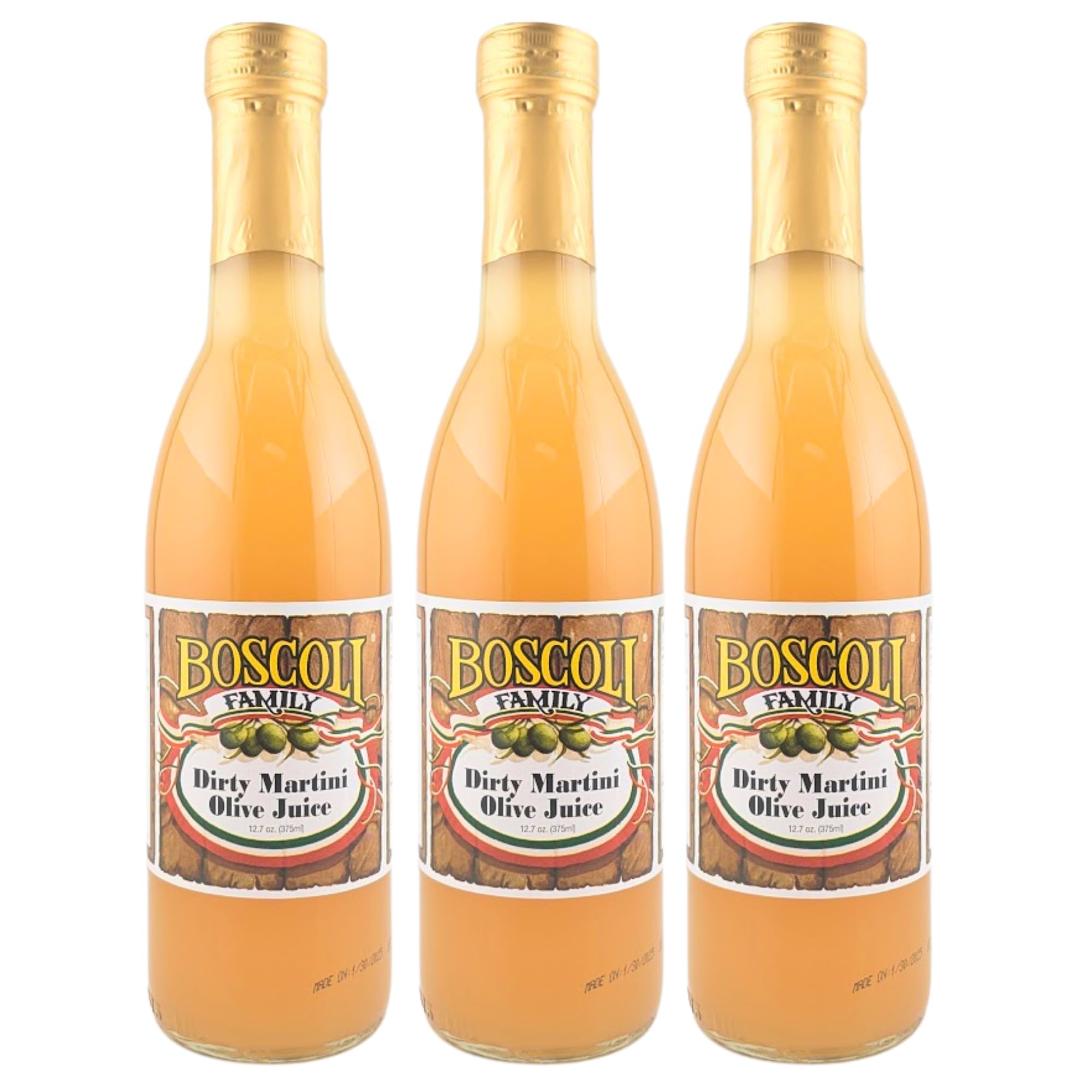 Boscoli Dirty Martini Olive Juice bottle highlights premium brine for flawless cocktails.