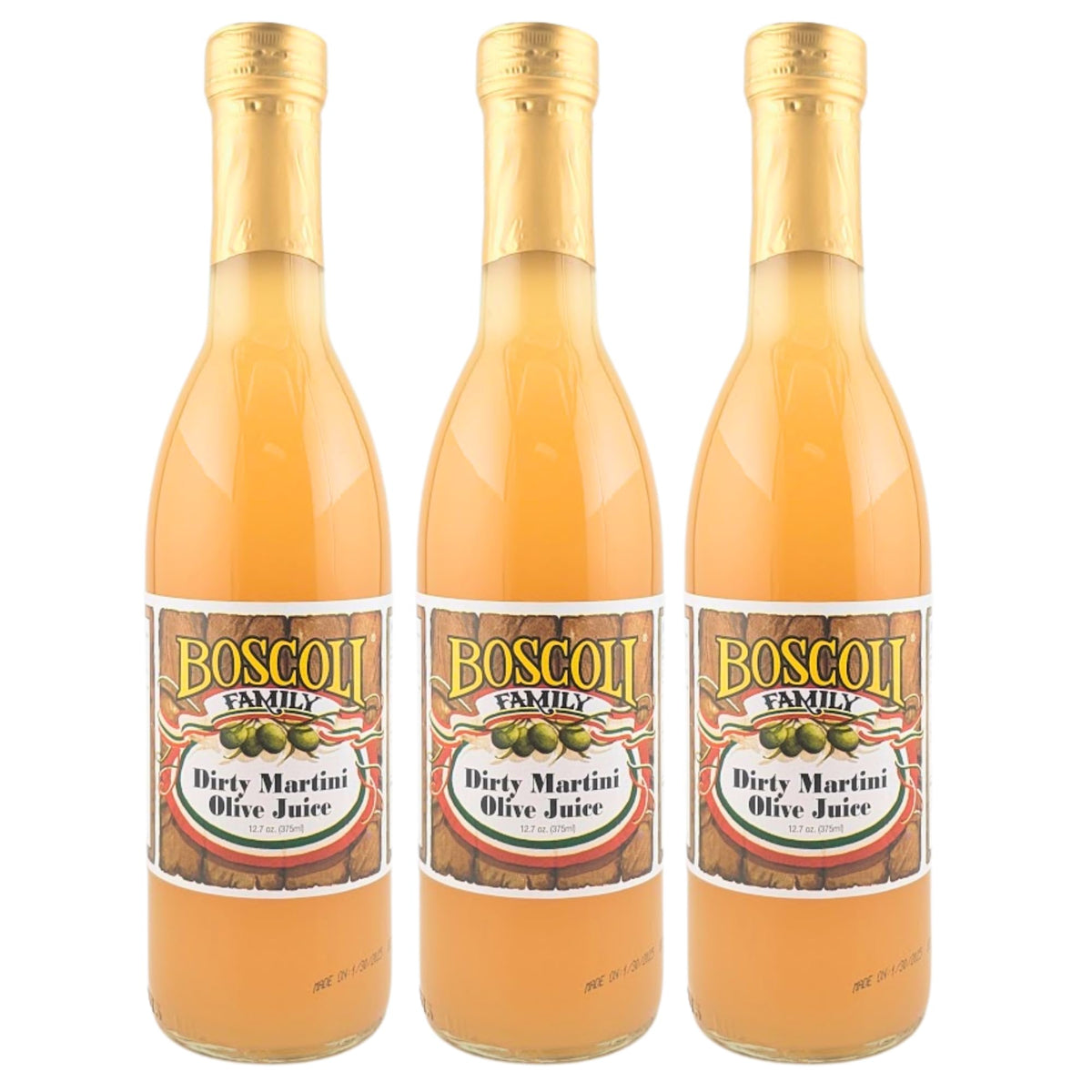 Boscoli Dirty Martini Olive Juice bottle highlights premium brine for flawless cocktails.